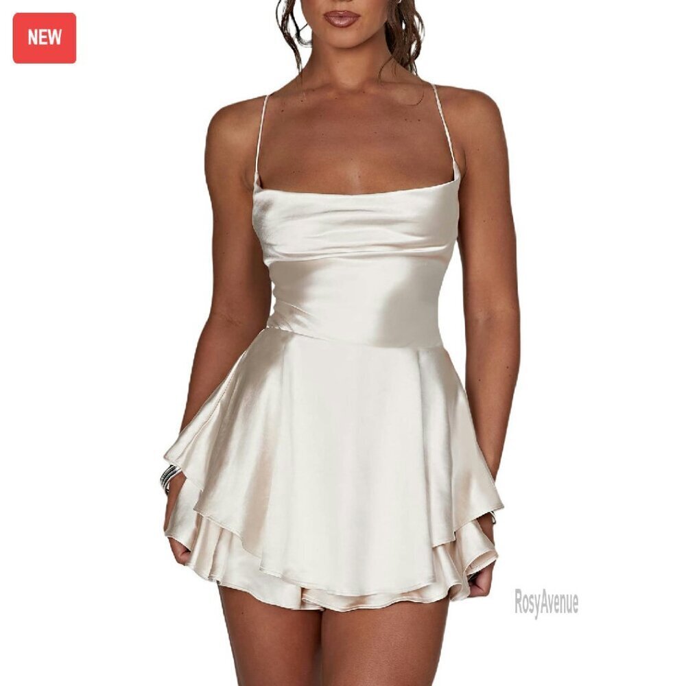 Satin Backless Romper Dress Spaghetti Strap Cowl Neck Mini Jumpsuit